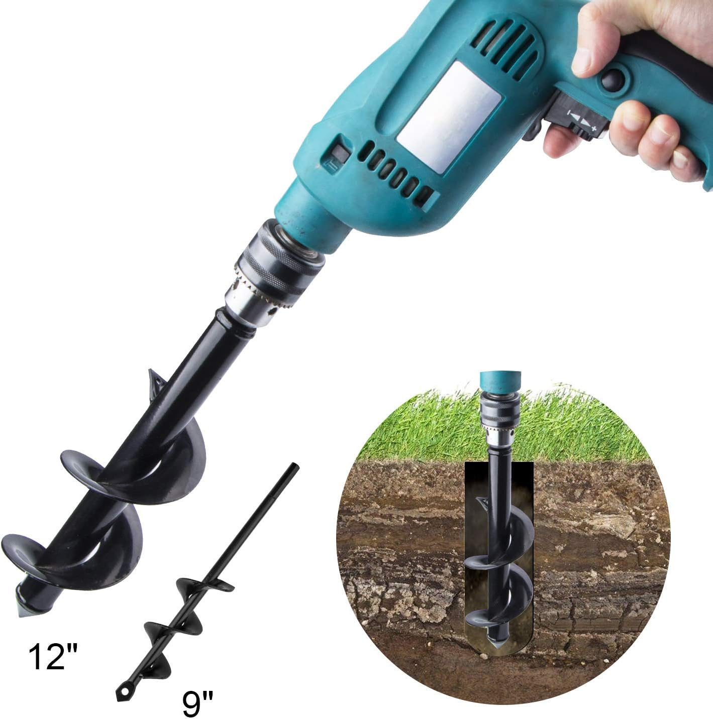 Garden Auger Drill Bit Set, Baowox 2 Pcs 12" and 9" Inch Garden Rapid Planter with Garden Genie Gloves for Planter Tree Hand Cordless Drill Soil Posthole Digging Holes: Home Improvement