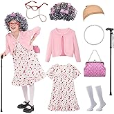 Watlie 100 Days of School Costume for Girls, Old Lady Costume for Kids, Granny Grandma Dress Up