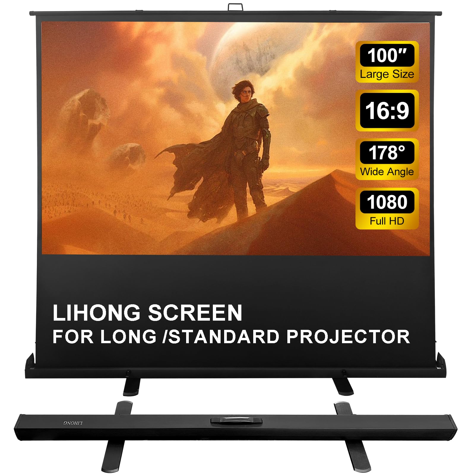 Photo 1 of FACTORY SEALED
LIHONG Floor Rising Projector Screen Indoor & Outdoor 16:9 HD Portable Matte White Projection Screen for Long Standard Projector Fast Setup for Movies, Office Presentations & More (100 Inch/16:9)
