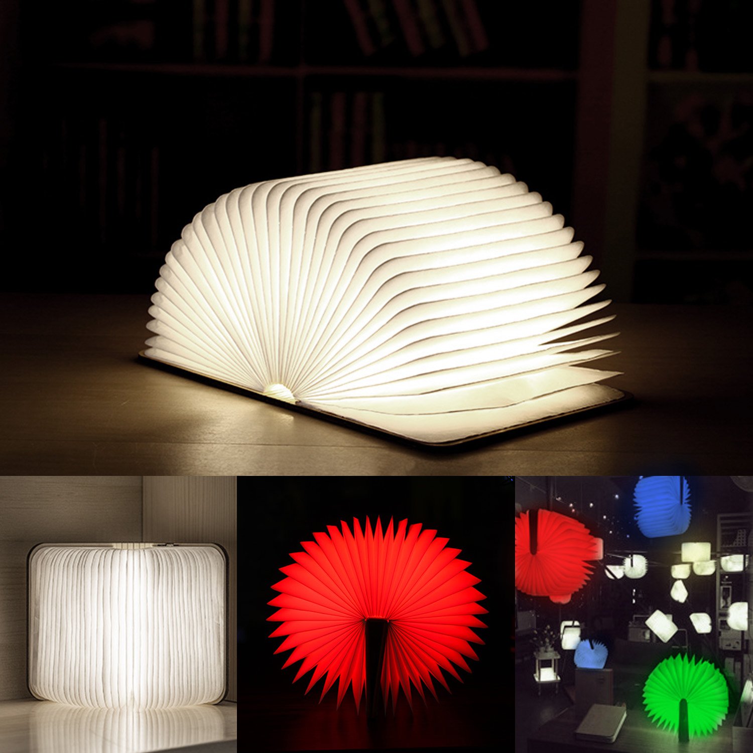 LED Book Lamp, Wireless Wooden Folding Book-Shaped Reading Night Light Table Lamp with USB Rechargeable 4 Changeable Colors for Decor Birthday Gift Halloween Lighting Kids Children Sleeping