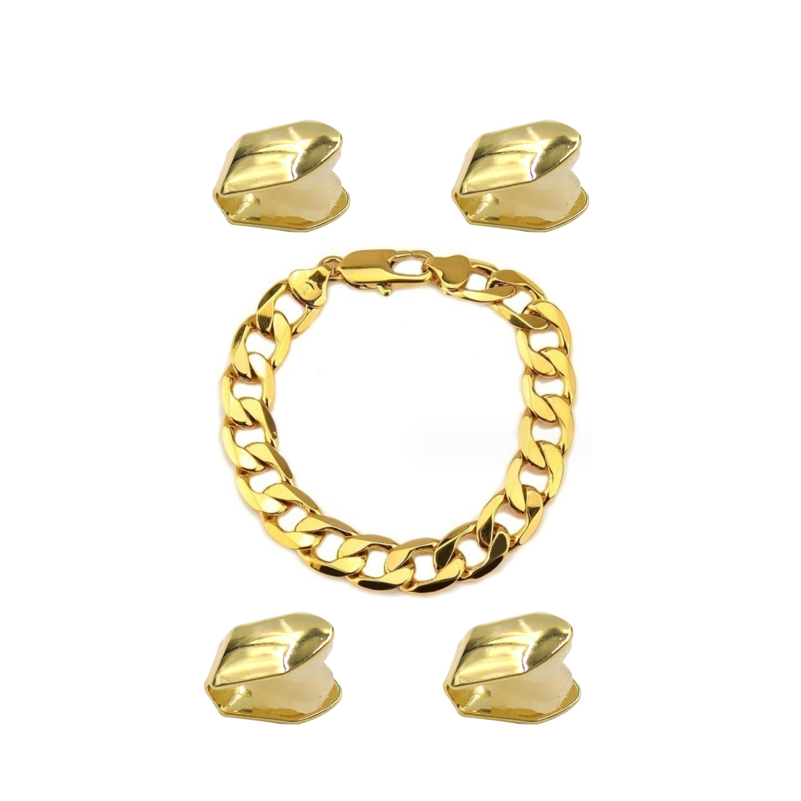 Photo 1 of 4 Pcs Gold Plated Gold Tooth Cap and Cuban Link Bracelet for Men Hip Hop Teeth Accessories Plain Single Tooth Cap for Teeth Mouth Realistic Fake Teeth Grills for Party Open Face Front Tooth Caps