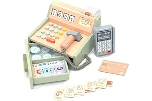 UMU® Wooden Cash Register for Kids - Includes Accessories (Scanner, Payment Terminal, Play Money, etc.), Role Play Shop & Accessories for Children Ages 3 4 5 6