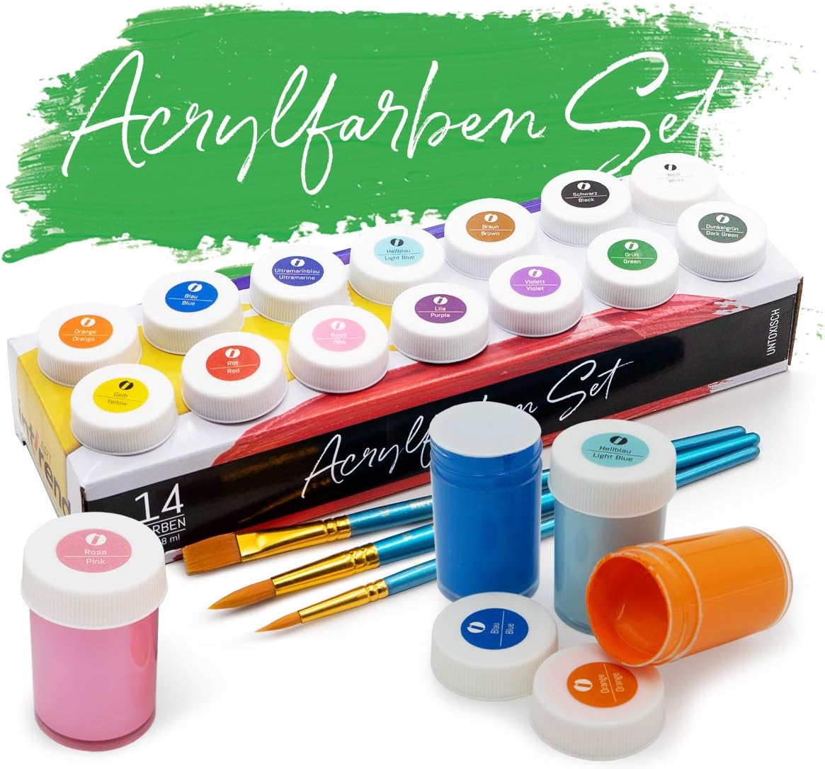 int!rend Acryl Farben Set, 14 wasserfeste Malfarben je 18 ml + 2 Rundpinsel + 1 Flachpinsel, Acrylic Paint für Papier, Holz, Ton, Stein - Acrylfarben zum Malen und Basteln