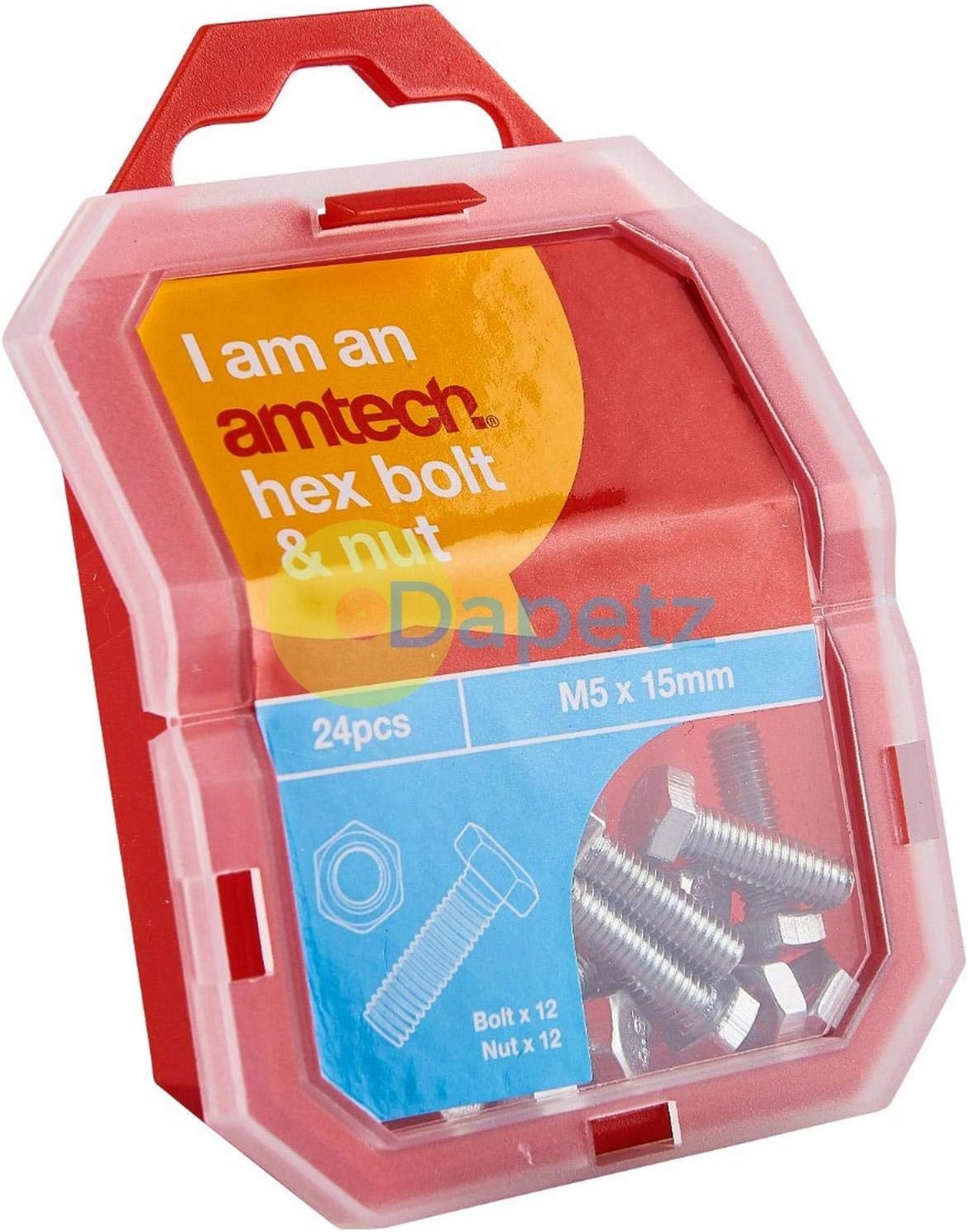 Amtech Z0325 M5 Nuts and Bolts, 15mm Hex Bolts, Hex Nuts, Zinc Plated Steel, 24 Pieces with Storage Case