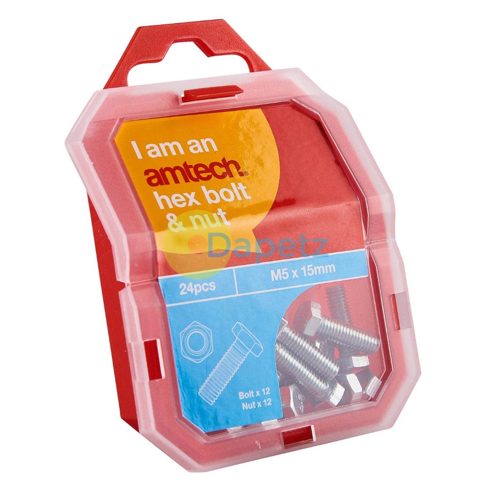 Amtech Z0325 M5 Nuts and Bolts, 15mm Hex Bolts, Hex Nuts, Zinc Plated Steel, 24 pieces with Storage Case