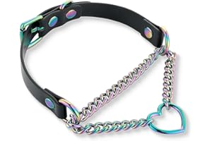 Black/Pink Leather Choker Necklace For Women, Handmade Adjustable Chain Collar with Metallic Heart Ring Best Gifts for Valent