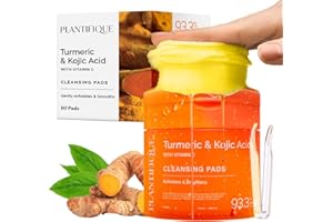 PLANTIFIQUE Kojic Acid and Turmeric Cleansing Pads with Ceramides, Niacinamide & Vitamin C - 60 Exfoliating Face Pads for Dar