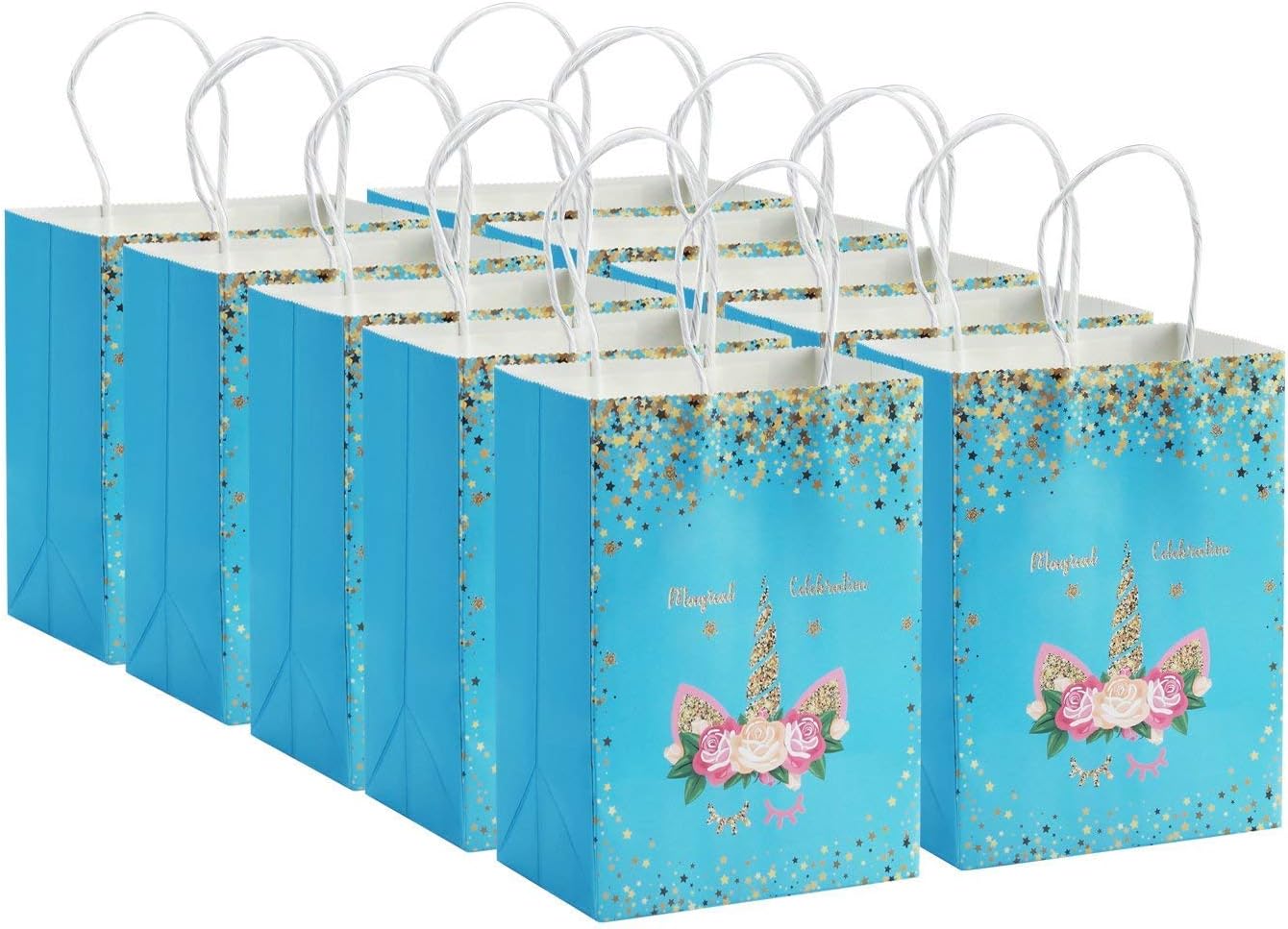 Wavejoe 12 Pack Unicorn Party Paper Bags Handled Treat Gift Goody Favor Bags for Kids Birthday, Baby Shower, Unicorn Party Ideas