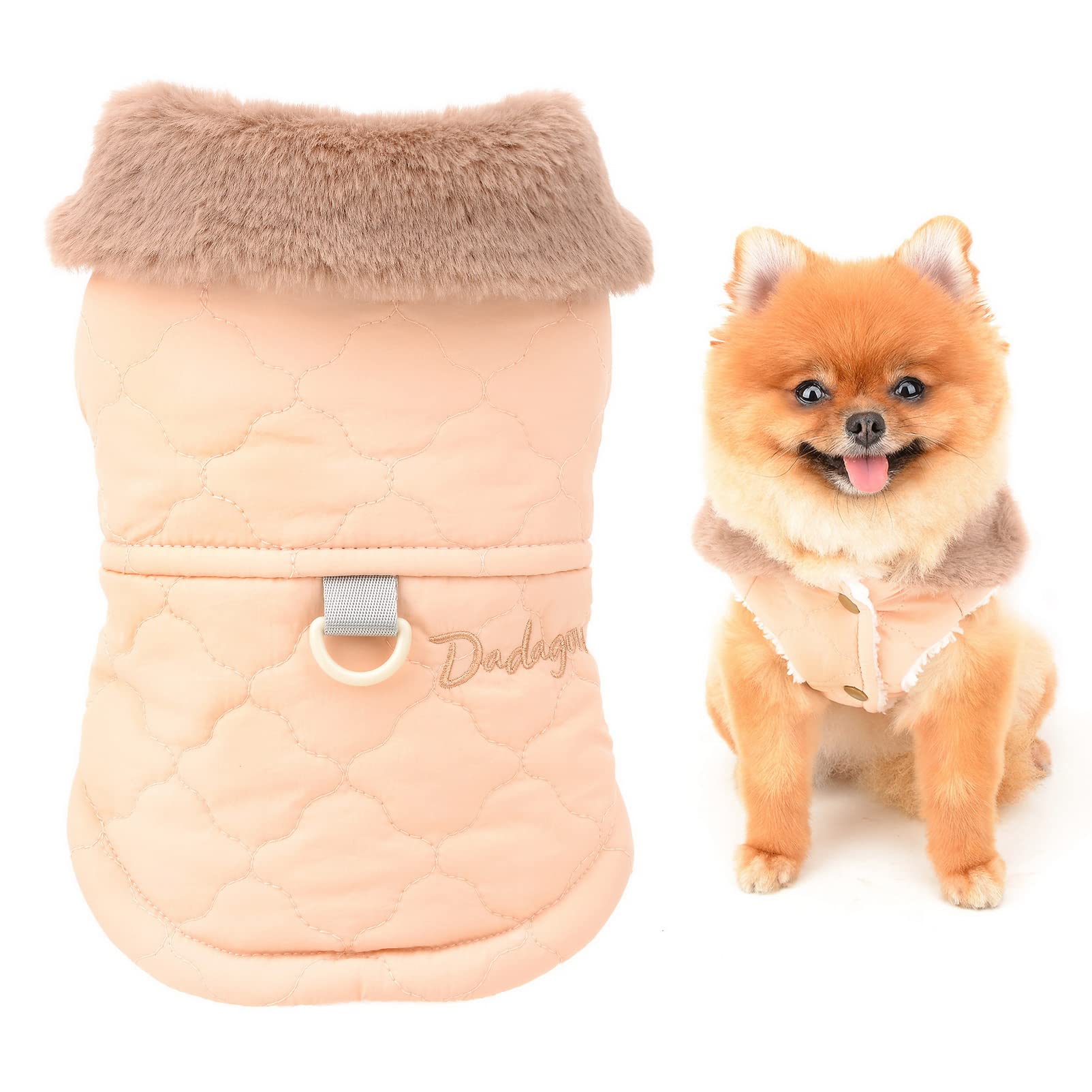 SMALLLEE_LUCKY_STORE Pet Furry Collar Quilted Jacket Winter Coat Vest with D-ring for Small Medium Dog Cat Sherpa Fleece Lined Puppy Chihuahua Yorkie Warm Cold Weather Clothes,Pink,S
