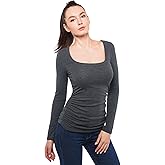AmélieBoutik Women Cotton Blend Scoop Neck Long Sleeve Ruched Sides Top
