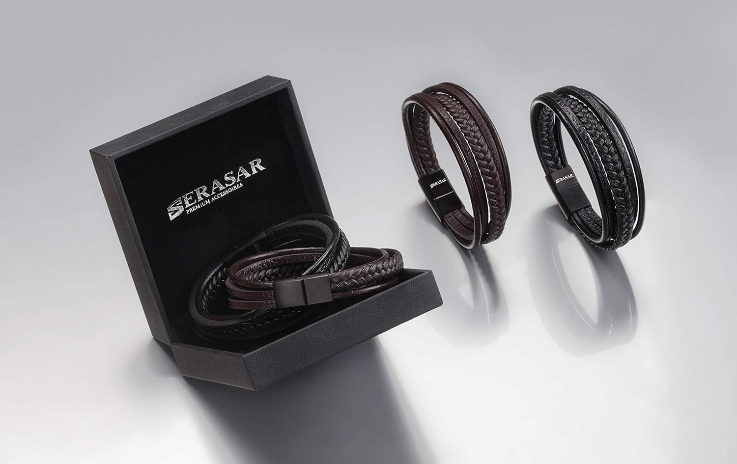 SERASAR Mens Leather Bracelet 17cm Brown Bracelet Men Gift-Box Genuine-Leather Cowhide Braided Adjust-Able Magnetic-Clasp Multi-Layer Wrap Rope Man Mans Male Boy Boys Band Jewelry Magnet Accessories: Jewelry