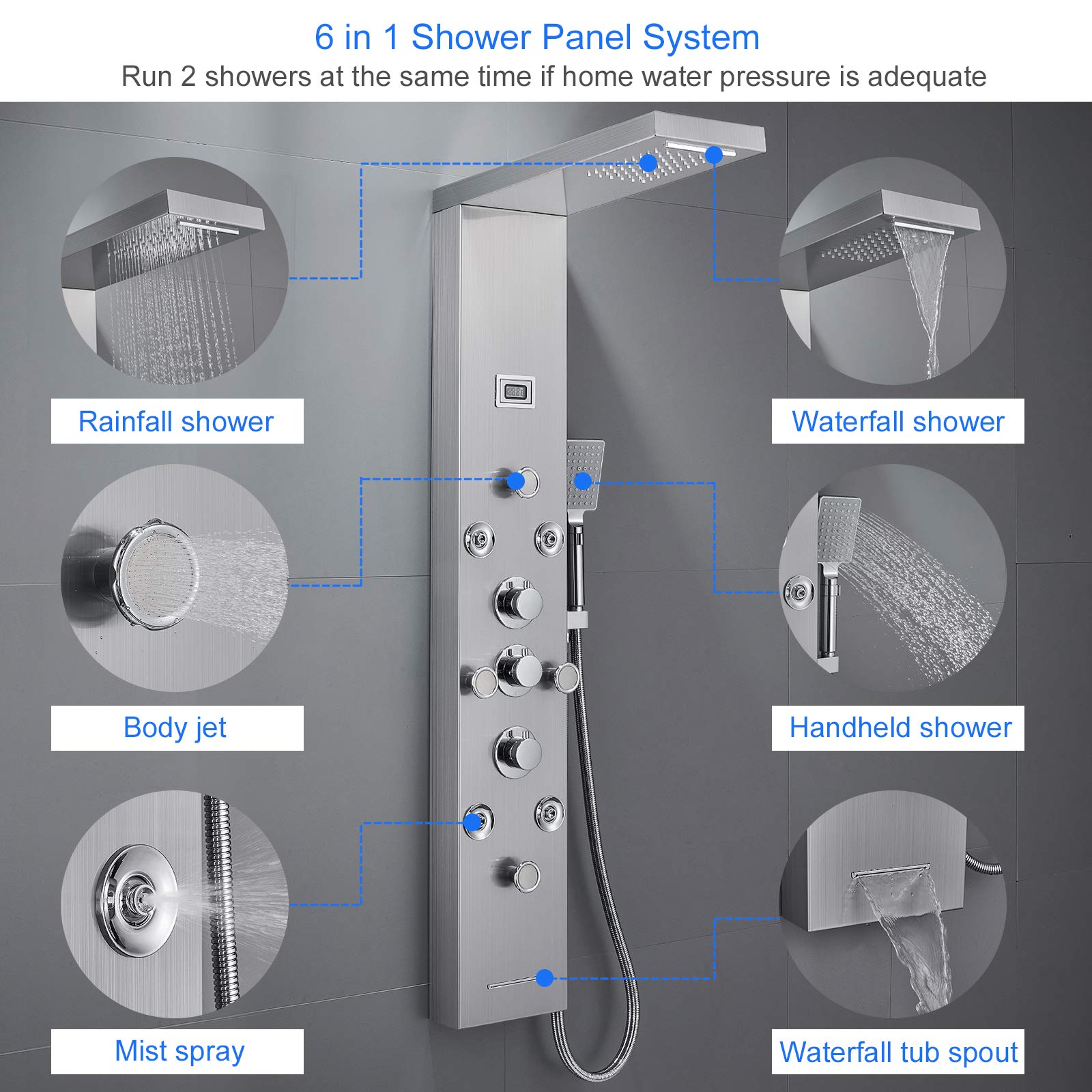 ROVOGO 4 Body Jets and 4 Mist Spray Shower Panel, Rainfall Waterfall Shower Column Tower with Handheld, Tub Spout and Water Temperature Display, 304 Stainless Steel Panel with Brass Valve, Brushed SIMILAR TO LOT PHOTO