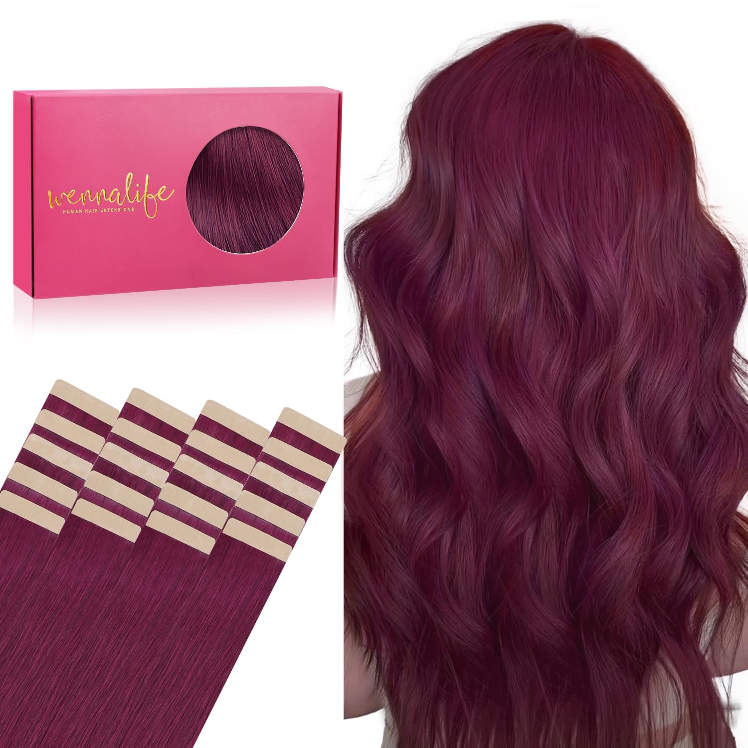 WENNALIFE Tape in Hair Extensions, 20pcs 22 Inch 50g Light Burgundy Real Human Hair, Remy Straight Tape Extensions — image 1