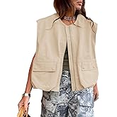 JAWINT Womens Casual Zip Up Cargo Vest Oversized Crewneck Ruched Hem Sleeveless Blazer Jackets Tops