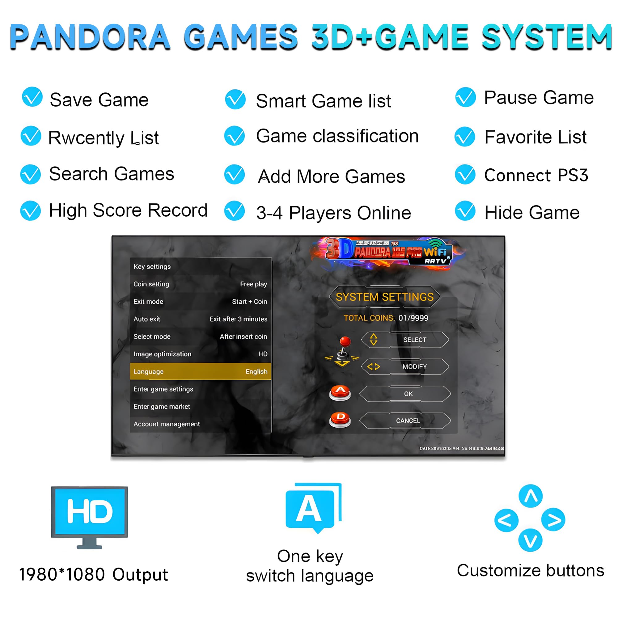 Pandora Box Arcade, 29800 Games in 1 Arcade Game Console, 1280x720 Full HD Retro Game Machine for PC & Projector & TV 3D Games 2-4 Players Favorite List Save/Search/Hide/Pause/Delete