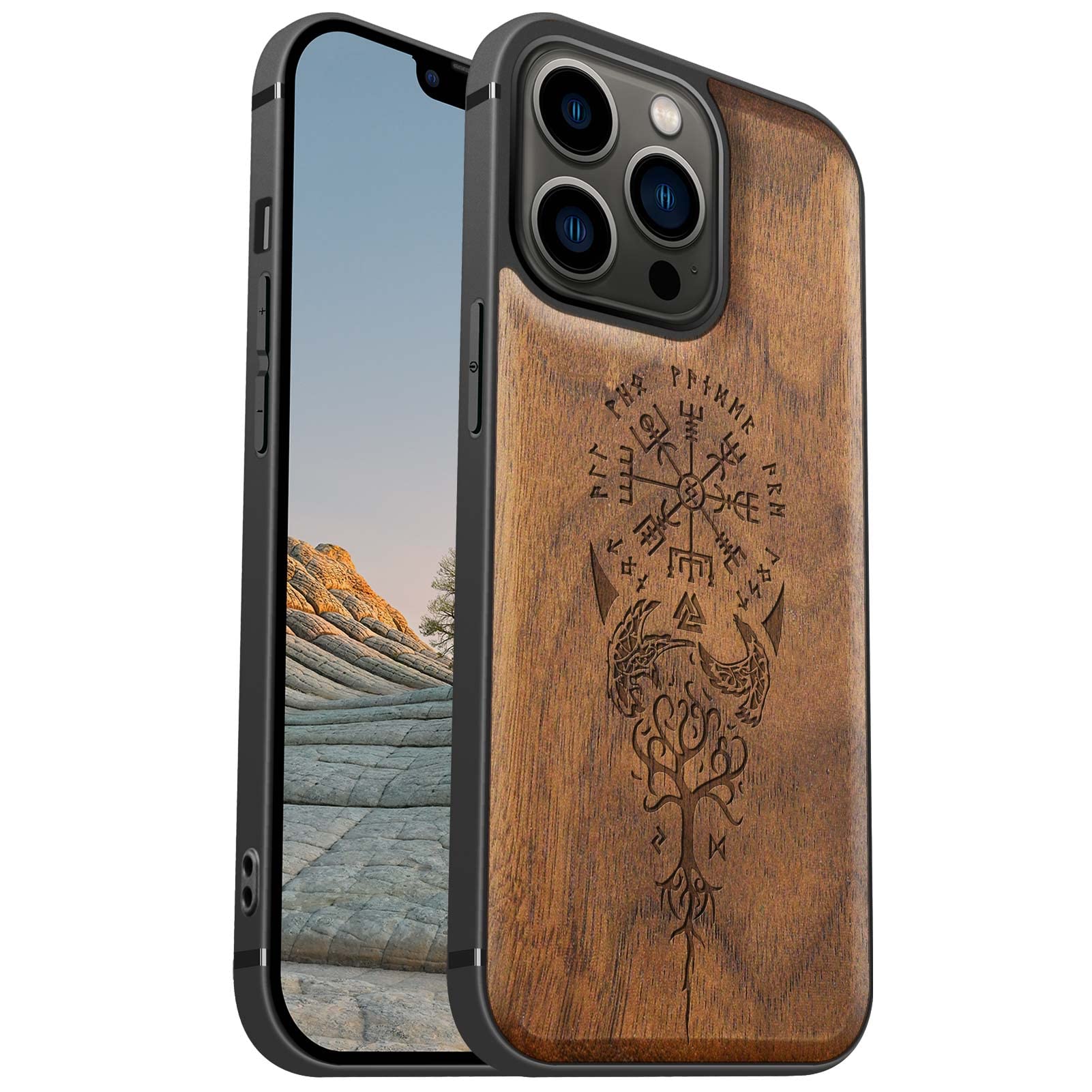 Carveit Magnetic Case for iPhone 13 Pro Case [Elegant Walnut] [Soft TPU Bumper] Shockproof Mobile Phone Case Compatible with 13Pro Magsafe Case Wood Viking Compass Vegvisir