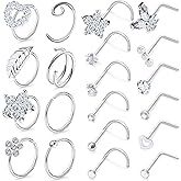 Lsnevsie 20G Nose Rings Hoops Piercing Jewelry for Women 316L Stainless Surgical Steel L Shaped Corkscrew Diamond CZ Nose Rings Studs Nostril Piercing Jewelry for Women Men Silver Gold Hypoallergenic