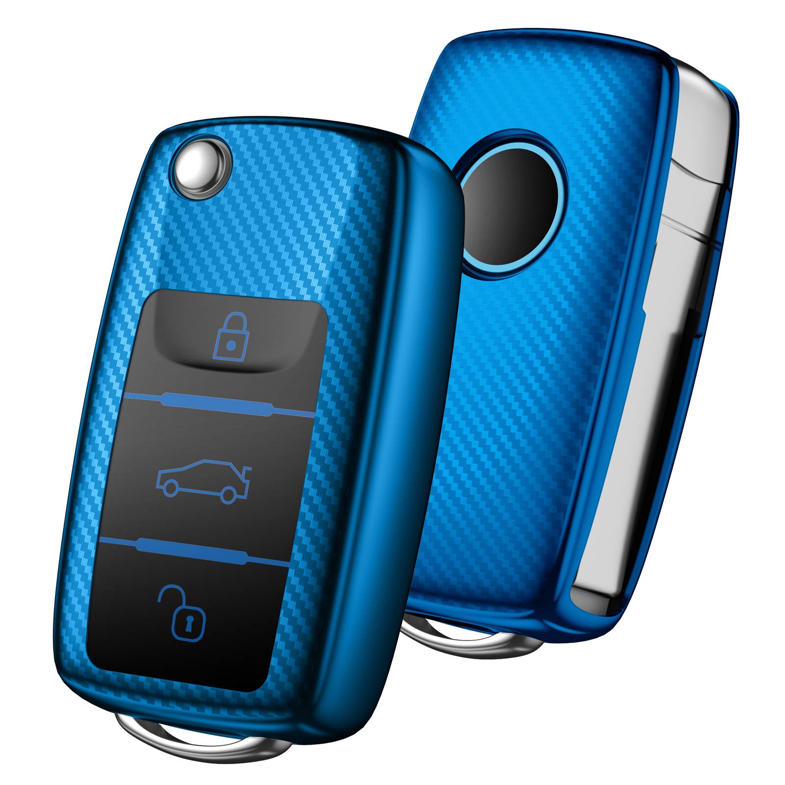 OATSBASF Car Key Cover Compatible with VW,Key Protective Case for VW Golf 4 5 6 Polo Skoda Seat TPU Silicone 3 Buttons Box (Blue-Stripe)
