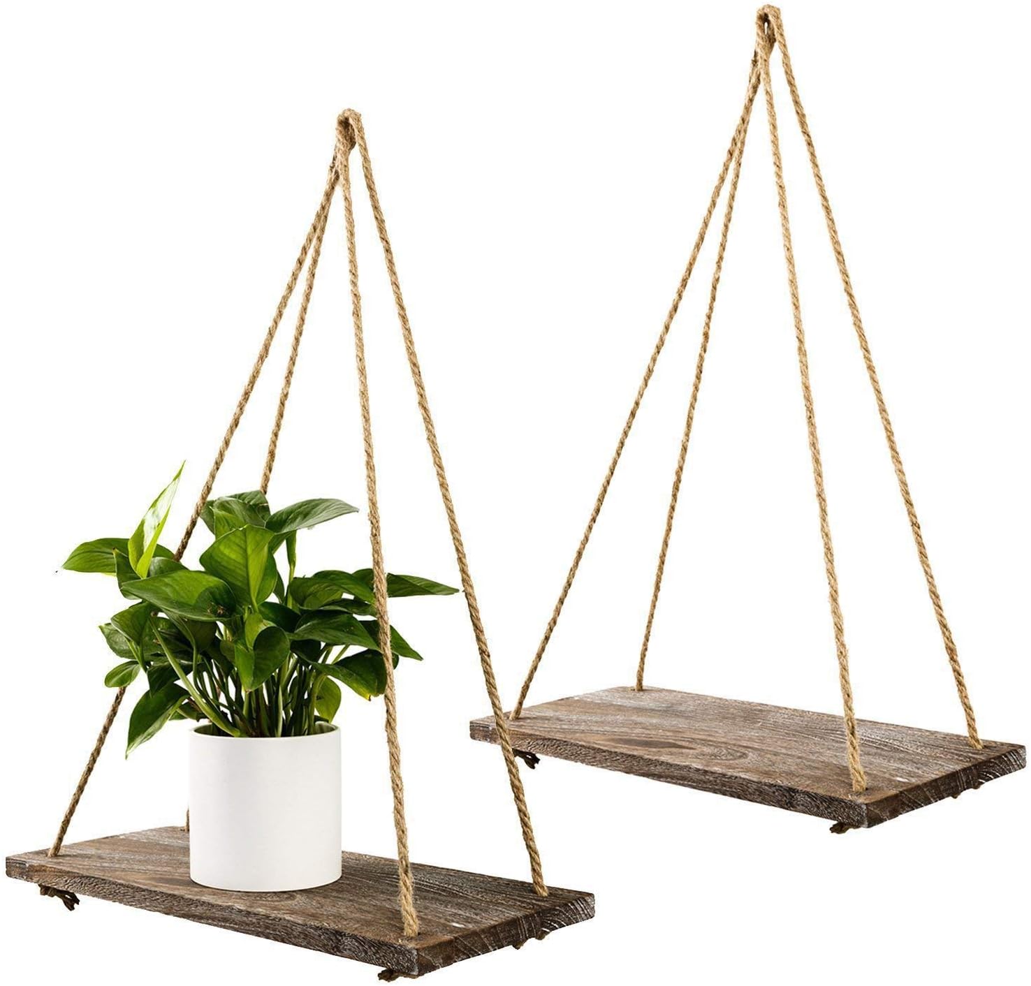 TIMEYARD Decorative Wall Hanging Shelf - Distressed Wood Jute Rope Floating Shelves - Rustic Home Wall Decor - Set of 2