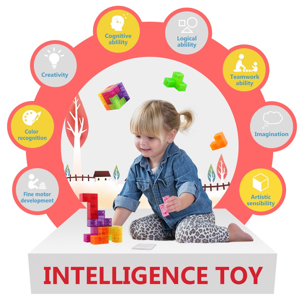 D-FantiX Magnetic Building Blocks, Magnet Cube Puzzle Toys Crystal 3D Tetris Puzzle Brainteaser Stress Relief Toy Square Magnets Building Blocks for Kids with 54pcs Puzzle Cards