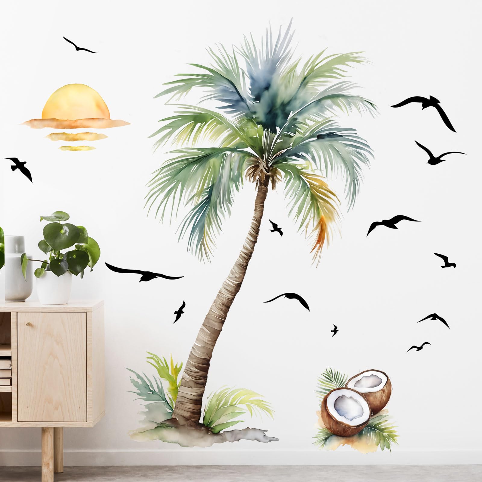 Supzone Palm Tree Wall Stickers Tropical Spring Summer Plant Sunset Boho Beach Wall Decals Peel and Stick Wall Art Decor for Baby Nursery Classroom Living Room Bedroom Office Gifts for Mom