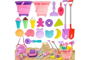 FUNWEGOT Beach Sand Toys Set Includes Collapsible Buckets 2 Big Size Sand Shovels, Rake, Animal Sand Molds Toys with Mesh Bag