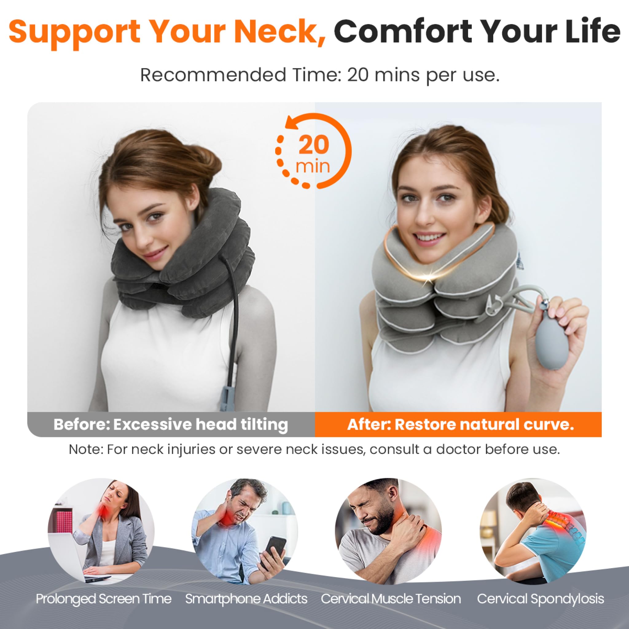 Neck Stretcher with Neck Brace,Cervical Traction Neck Device,Neck Relief Tool,Adjustable Inflatable Cervical Brace,Home Use Neck Decompression New Technology Breathable Fabric Washable(Gray)