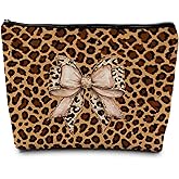 ignytiger Leopard Coquette Bow Makeup Bag, Leopard Cheetah Gifts Supplies Cosmetic Bags Travel Toiletry Bag for Women, Trendy Cheetah Bow Print Zipper Makeup Pouches for Purse