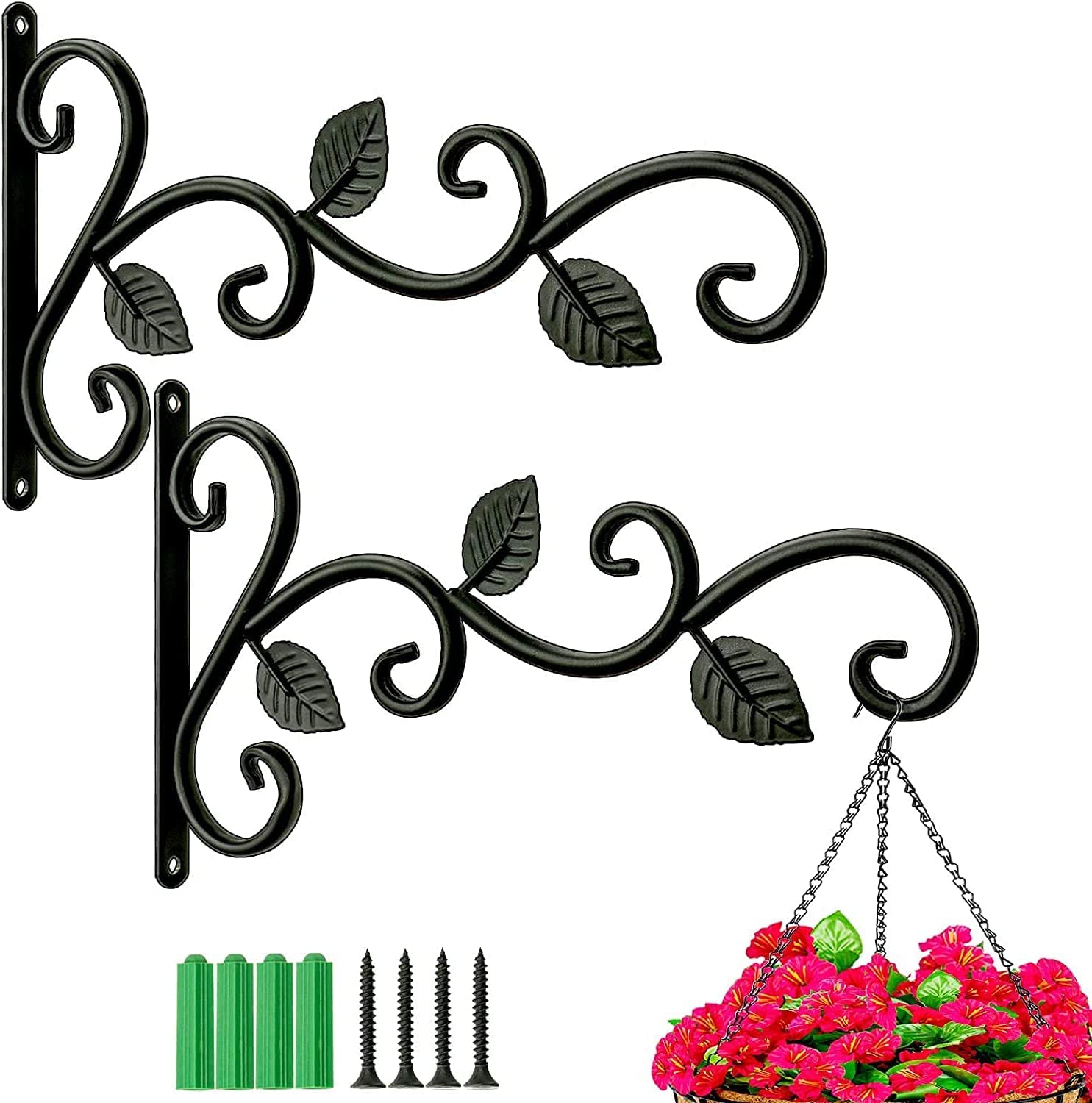 SDZHDMO 2Pcs Hanging Basket Brackets,Outdoor Hanging Brackets Wall Hooks,Hanging Basket Brackets Outdoor for Garden Lawn Light Flower Pots Bird Feeders (Three Leaves)