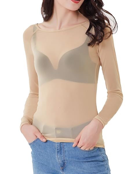 Kate Kasin Langarm Shirt Leichtes Transparent Tüll Mesh Bluse Body T-Shirt Tunika Tops Multicolor