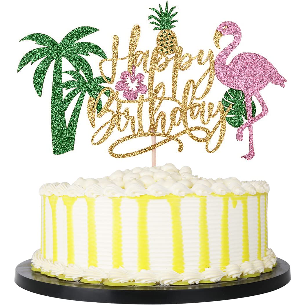 Photo 1 of PALASASA Glitter Flamingo Happy Birthday Cake Topper,Hawaiian Luau Tropical Pineapple Theme Kids Boys Girls Party Decoration Supplies