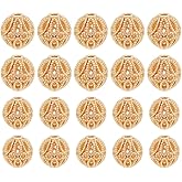 PH PandaHall 20pcs Golden Round Beads, 14K Gold Plated Brass Hollow Filigree Metal Spacer Beads 8mm 10mm for Earrings Bracelet Pendant Waist Chain Necklaces DIY Crafts