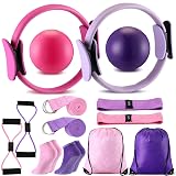 Poen 14 Pcs Pilates Equipment Kit for Home Workout Pilates Ring and Ball Set for Women 12'' Circle Yoga Fitness Essentials Kit with Resistance Bands, Yoga Strap, Socks,Bag (Purple,Pink)
