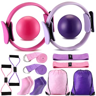 Poen 14 Pcs Pilates Equipment Kit for Home Workout Pilates Ring and Ball Set for Women 12'' Circle Yoga Fitness Essentials Kit with Resistance Bands, Yoga Strap, Socks,Bag (Purple,Pink)