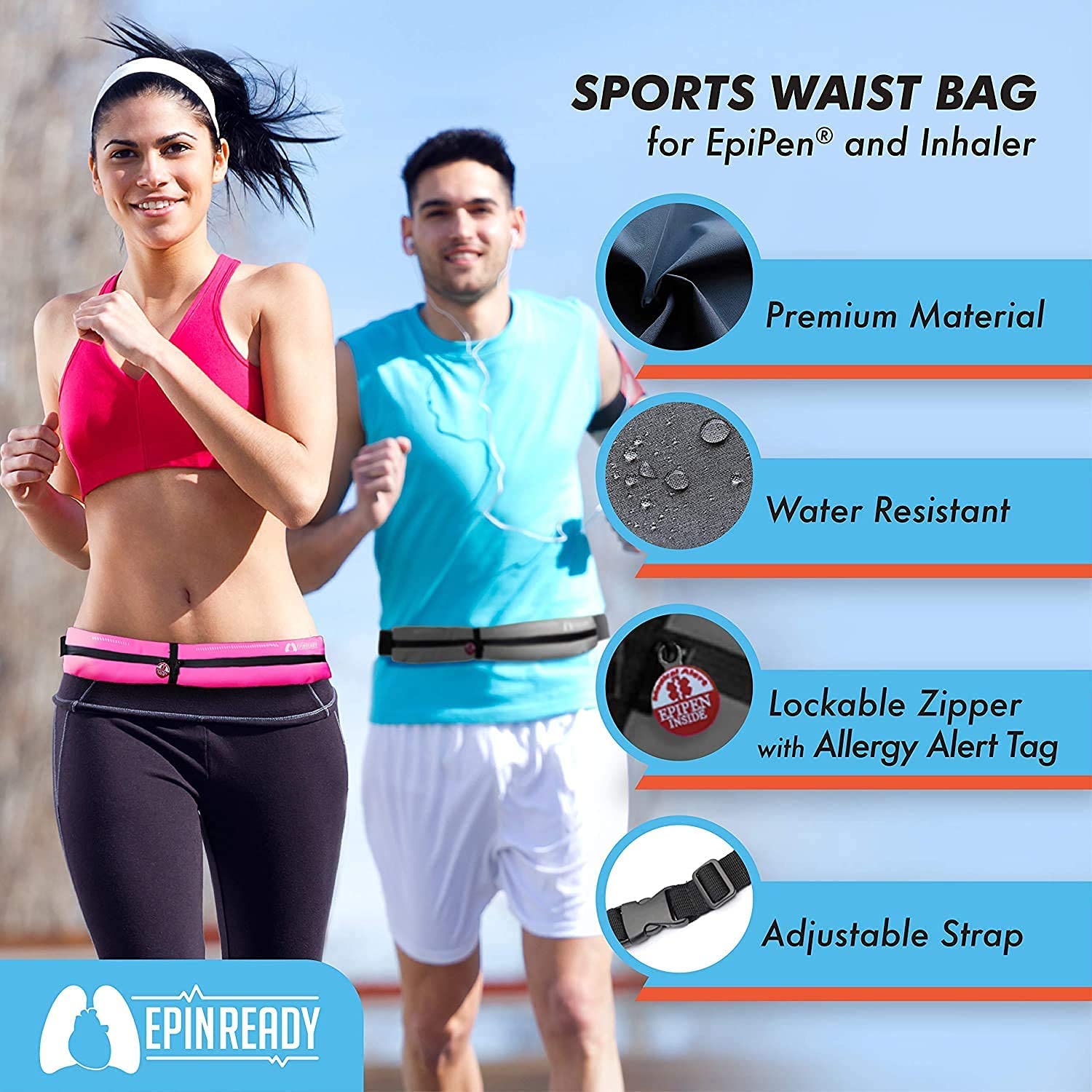 EpiPen Waist Belt with Medical Alert Tag, EpiPen Fanny Pack, Sports Outdoors Epipen Case for Walking or Running - Fits EpiPen and a M.D.I. Inhaler (Steel Gray)