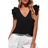 PRETTYGARDEN Blouses for Women Dressy Casual Summer Going Out Tops 2026 Spring Business Work V Neck Ruffle Cap Sleeve Shirts