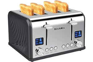 KitchMix Toaster 4 Slice, Bagel Stainless Toaster with LCD Timer, Extra Wide Slots, Dual Screen, Removal Crumb Tray (Gray)