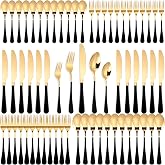 Dandat 60 Pcs Gold and Black Silverware Set Stainless Steel for 12 Guest | Flatware, Forks Knives and Spoons, Dessert Forks, Steak Knives, Cutlery, Wedding Dinner Party, Restaurant Home Party Holiday
