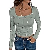 SOLY HUX Women's Floral Print T Shirt Ruched Square Neck Long Sleeve Tee Casual Crop Tops
