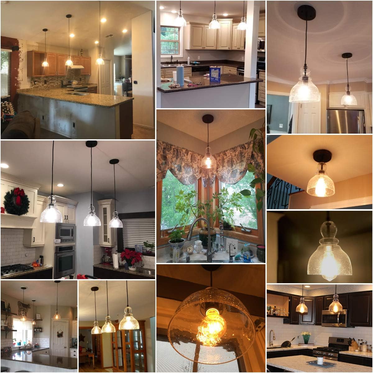 LANROS Industrial Mini Pendant Lighting with Handblown Clear Seeded Glass Shade, Adjustable Cord Farmhouse Lamp Ceiling Pendant Light Fixture for Kitchen Island Restaurant Kitchen Sink, Black, 1 Pack - - 