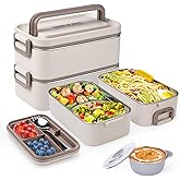 Reabulun Bento Box Adult Lunch Box, Stackable 2 Layer 304 Stainless Steel Lunch Container for Adults Kids Office, 2L Capacity Portable Lunch Box Containers with Soup Bowl Spoon and Fork