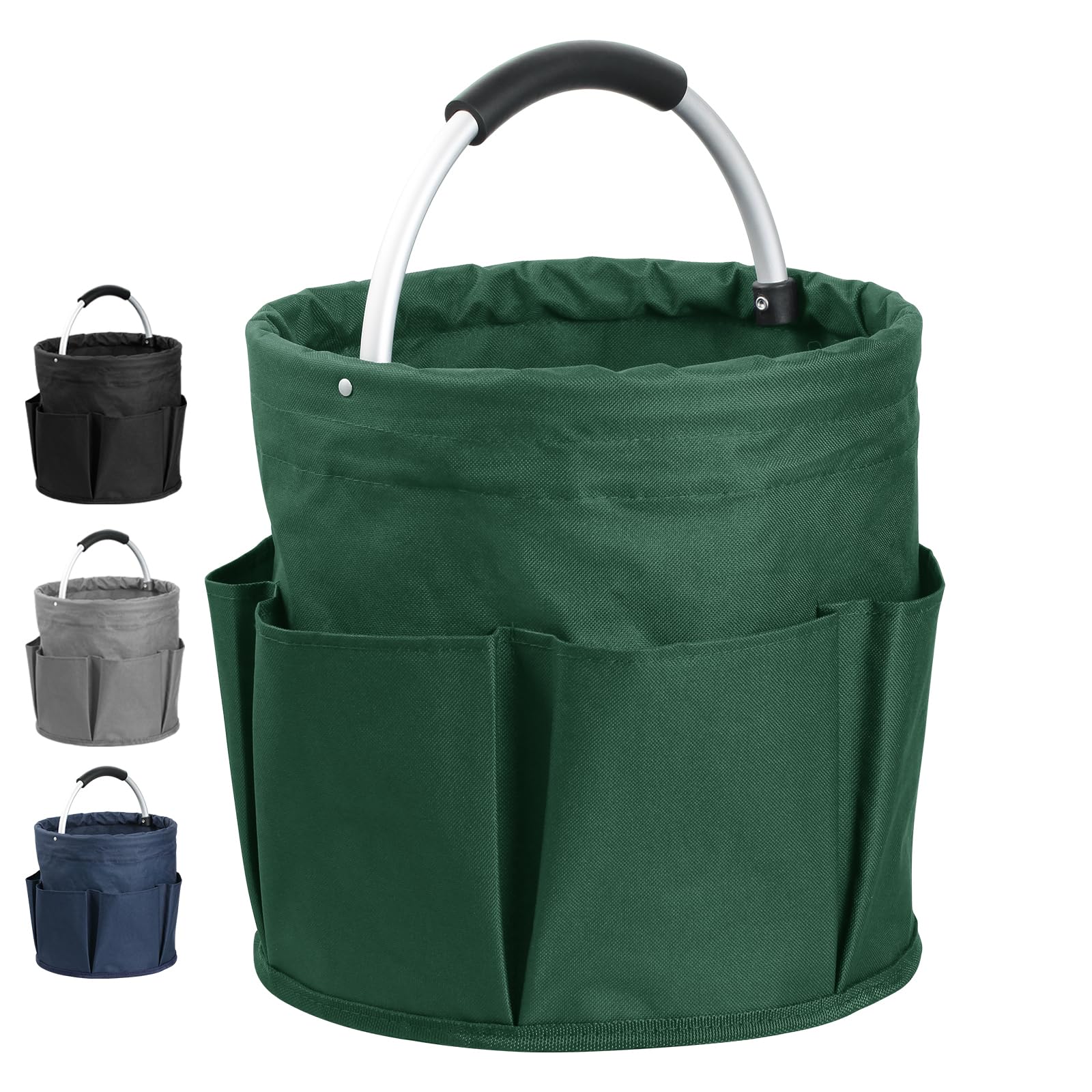 IHOMAGIC Foldable Storage Bin with 6 Outer Pockets - Round Tool Basket, Carrying Basket, Hamper for Home Storage, Shopping, Picnics, Beach, Gardening Tools - 17L - Blackish Green