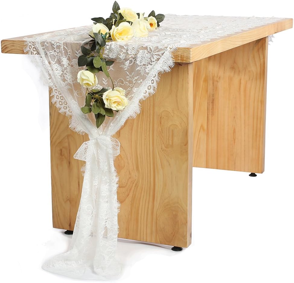 SHERWAY 30 x 120 Inch White Lace Table Runner for Wedding, Vintage Lace Tablecloth Overlay, Rustic Boho Wedding Reception Table Decorations, Bridal Shower Baby Girl Shower Party Decorations