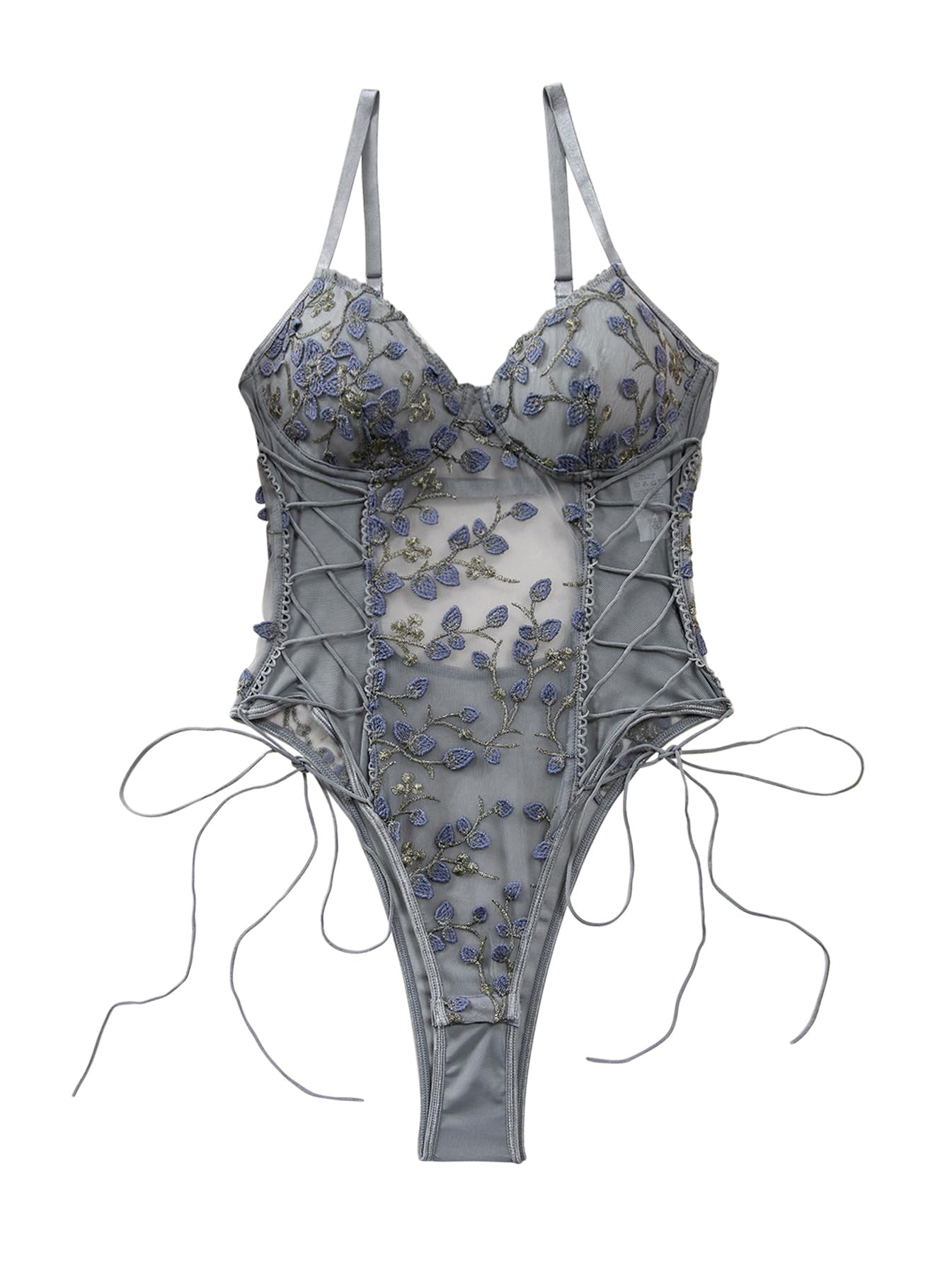 Photo 1 of Lilosy Plus Size Women Sexy Lace Up Floral Embroidered Teddy Babydoll Lingerie Bodysuit Top Mesh Sheer One Piece See Through Grey 2# 3X-Large