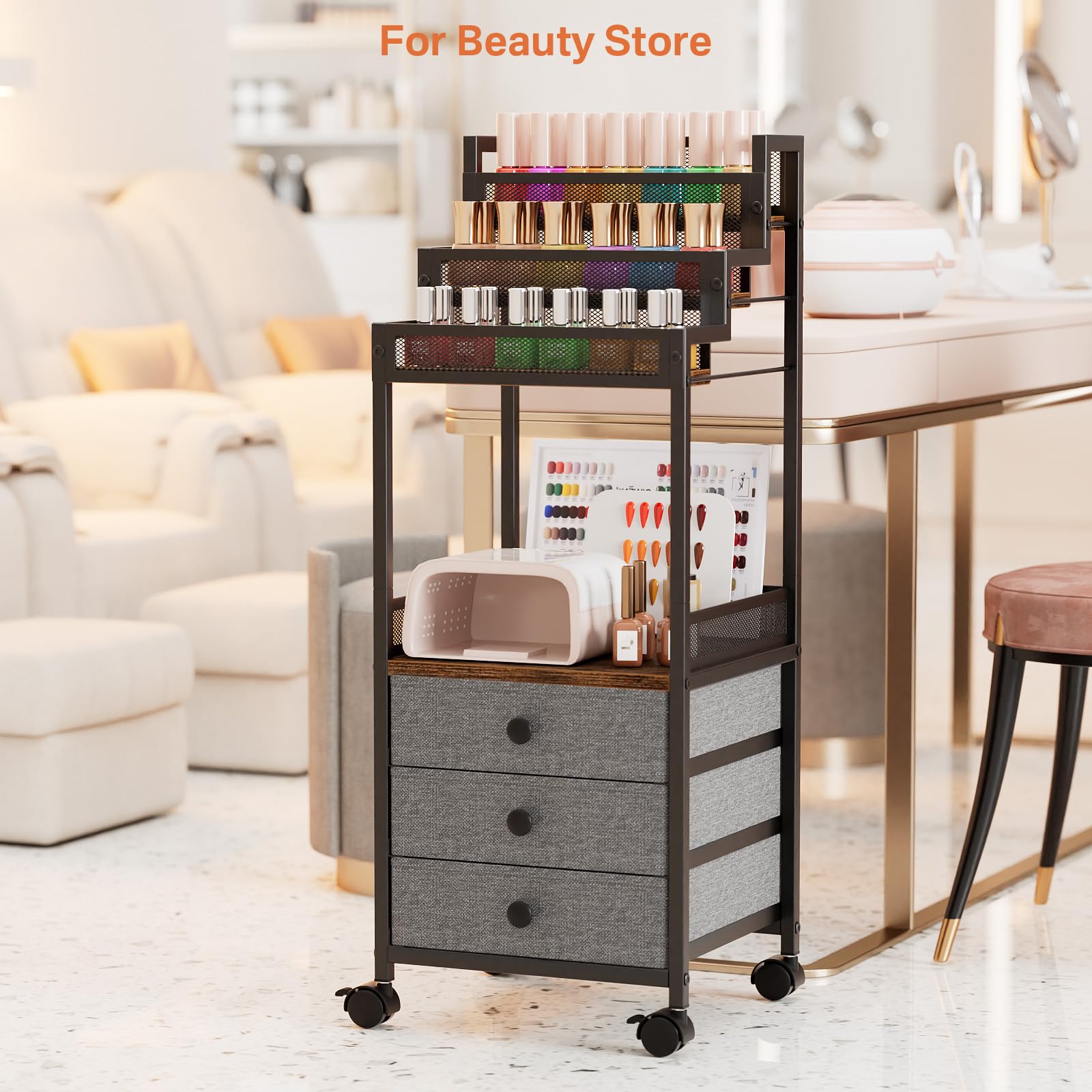 FURFUN Display Riser Stand Perfume Cologne Organizer, Rolling Makeup Storage Cart with Fabric Drawers, Floor Vanity Cosmetics Display Cases for Skin Care Nail Polish Figures Rustic Brown Ladder Stand