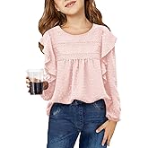 Haloumoning Girls Long Sleeve Shirts Cute Tops Crewneck Ruffle Swiss Dot Blouses for Kids 4-14 Years