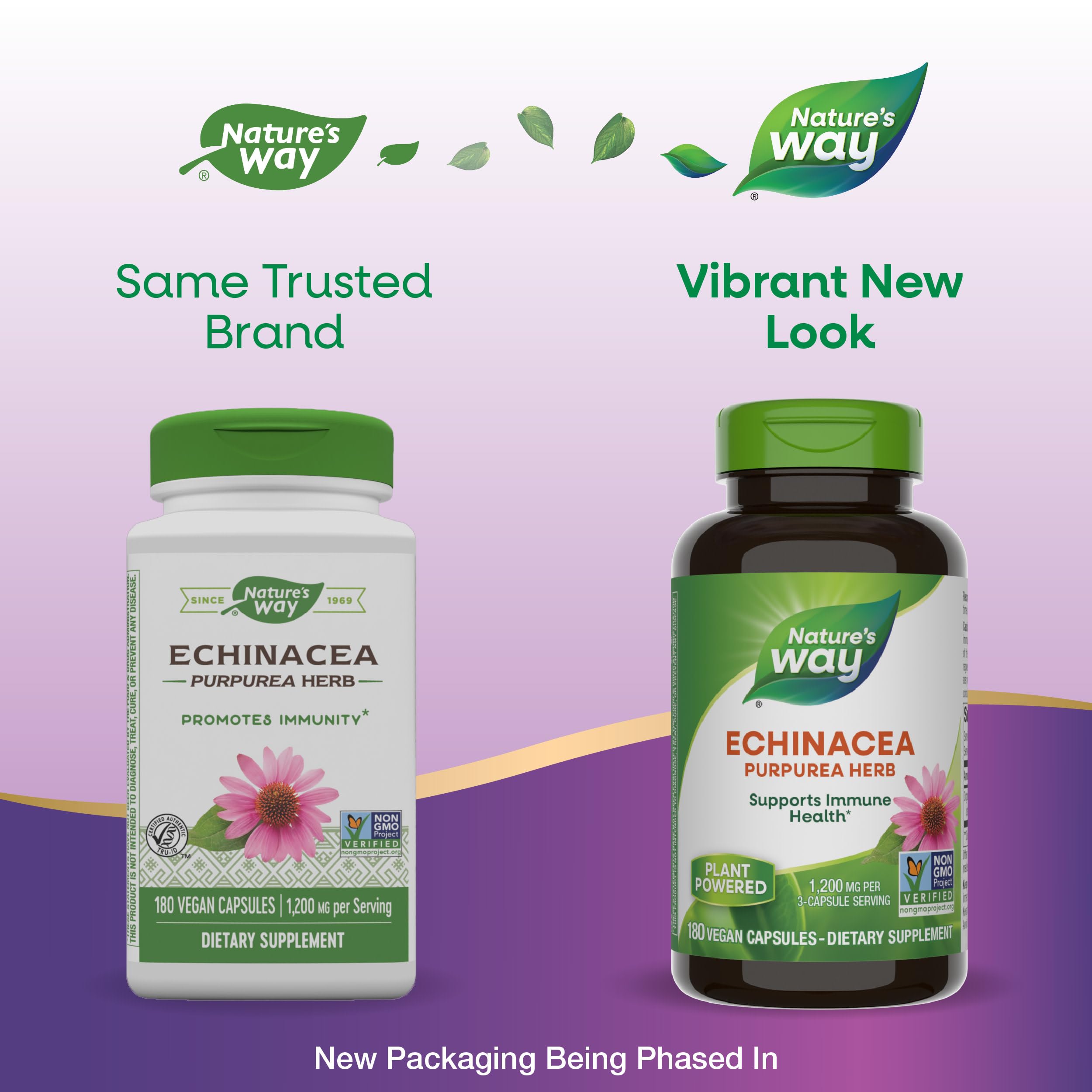 Nature's Way Echinacea Purpurea Herb, Immune Support Supplement*, 1200 mg per 3-capsule serving, Non-GMO Project Verified, Vegan, 180 Capsules