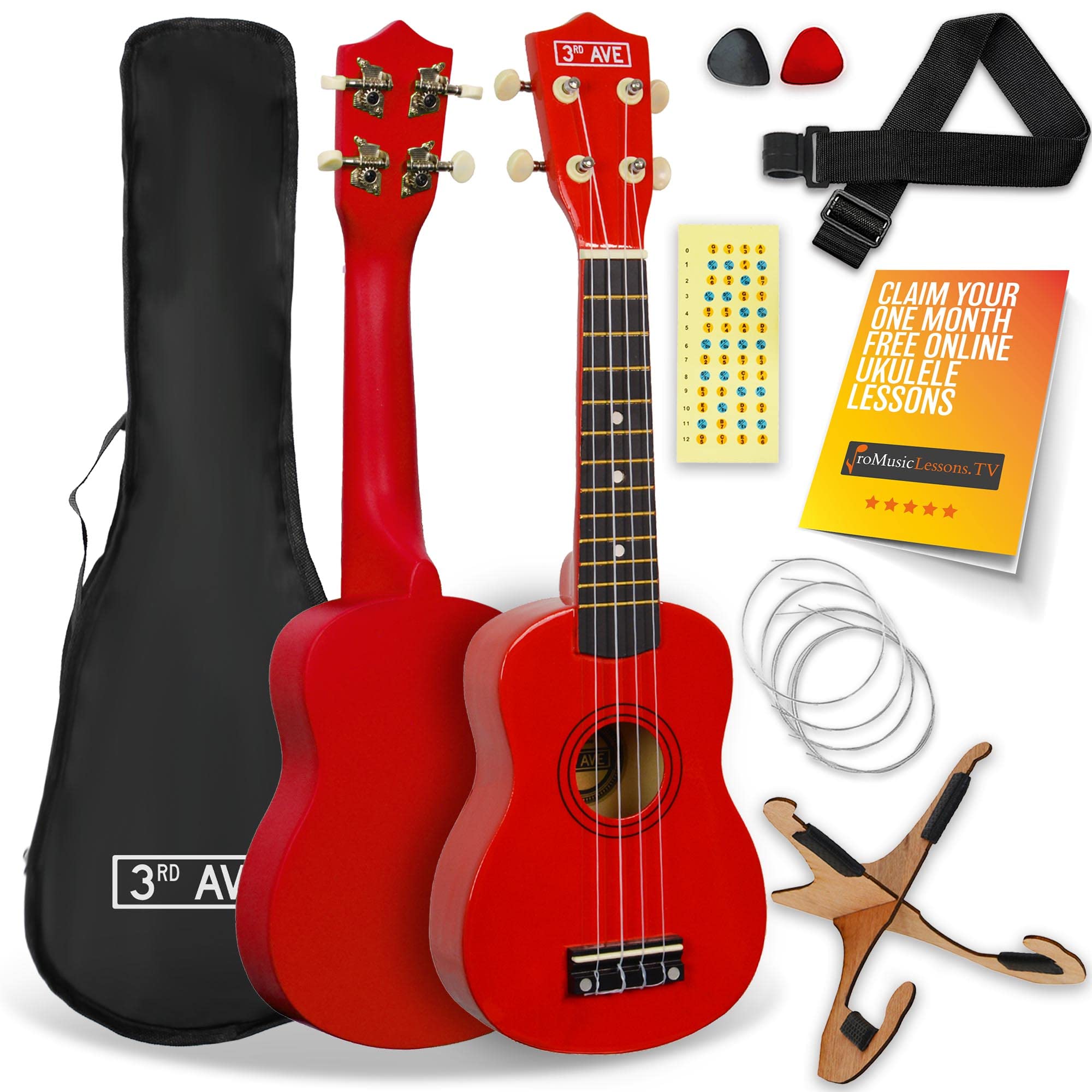 3rd Avenue Soprano Ukulele 21 Inch Beginner Pack Bundle – Bag, Stand, Strap, Strings, Picks and Fret Stickers – Red with FREE 1 Month Online Lessons