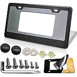 AOOTF Real Carbon Fiber License Plate Frame-1 Pc 2 Hole Black Gloss Car Tag Aluminum Frame and Stainless Steel License Plate 