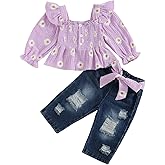 SAYOO Toddler Baby Girl Clothes Linen Smocked Daisy Flutter Top Jeans Denim Pants Set Little Girls Fall Winter Ruffle Outfit